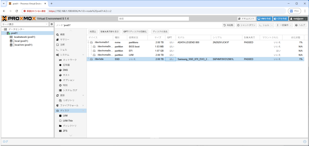 Proxmox GPTでディスクを初期化後