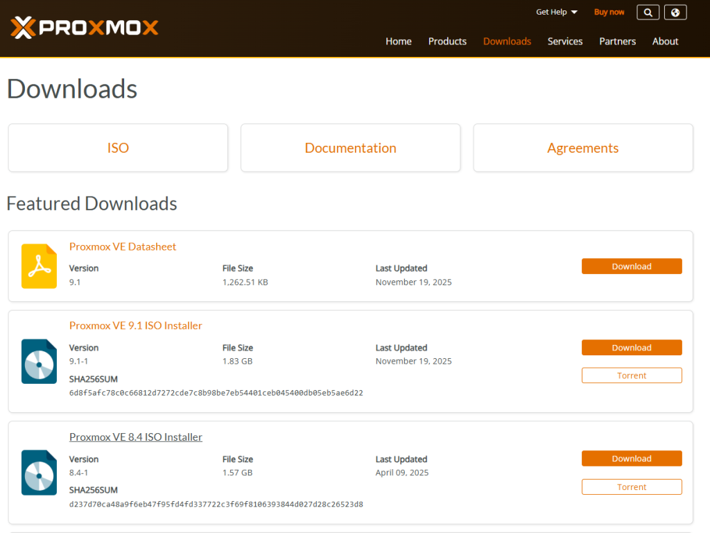 Proxmox VE 8.4のGUIインストーラーのダウンロード画面
