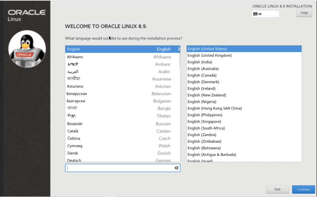 Oracle Linux 8.9のインストーラーが正常起動後、「使用する言語」を選択する画面