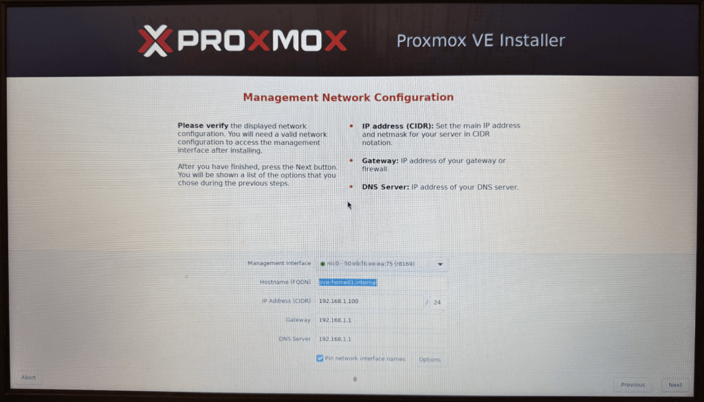 Proxmox インストール ホスト名・ネットワーク設定