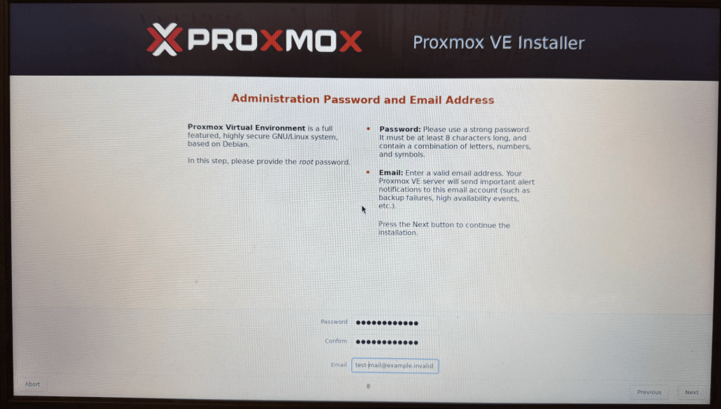 Proxmox インストール 管理者パスワード・メールアドレス