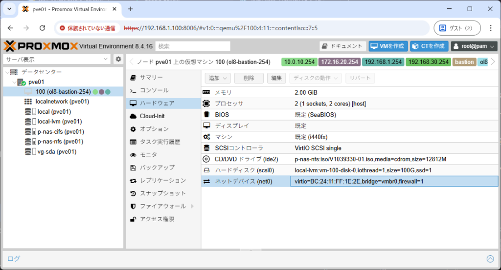 Proxmox VE 8.4のVMハードウェア画面