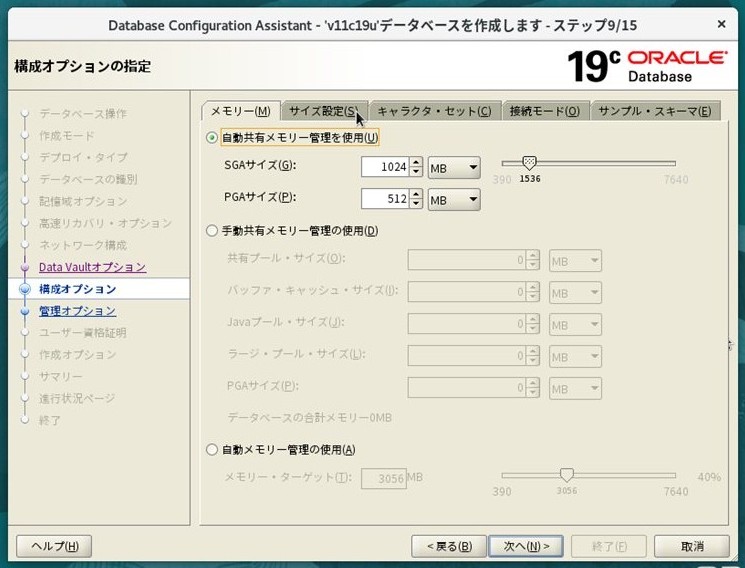ステップ9 - メモリータブ（SGA: 1024 MB・PGA: 512 MB）