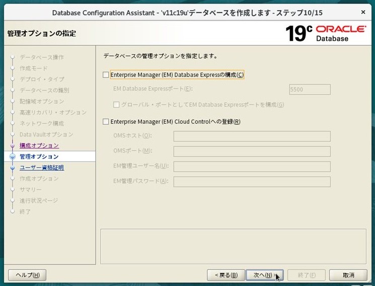 ステップ10 - 管理オプション（EM Database Expressチェックなし）