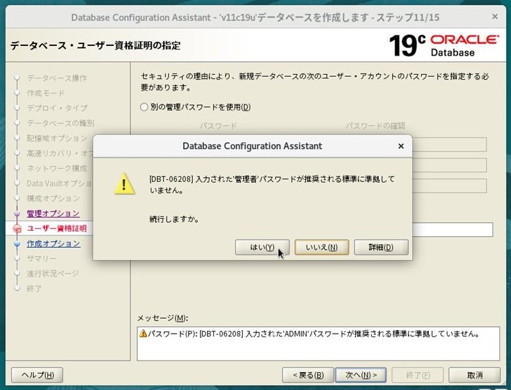 ステップ11 - DBT-06208 警告（「はい」をクリック）